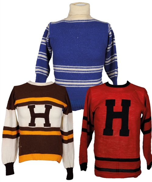 Vintage 1930s/1950s Wool Hockey Jerseys (3), Socks, Pair of Skates and Hockey Sticks (2)