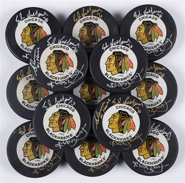 Ed Belfours Dual-Signed Belfour/Esposito (22) and Triple-Signed Belfour/Esposito/Hall (4) Chicago Black Hawks Pucks with His Signed LOA
