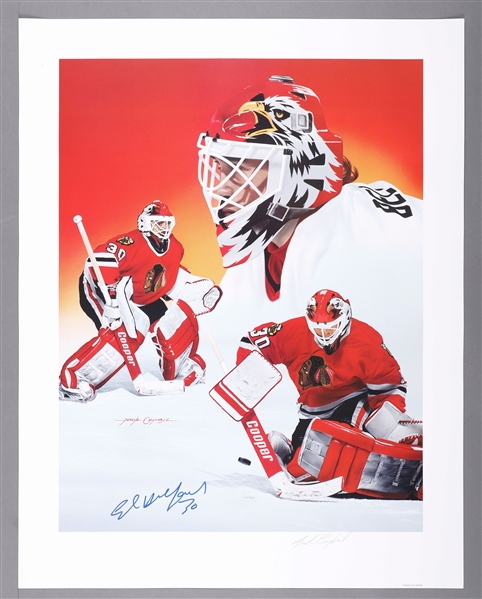 Ed Belfours Signed Chicago Black Hawks Lithograph Collection of 66 with His Signed LOA