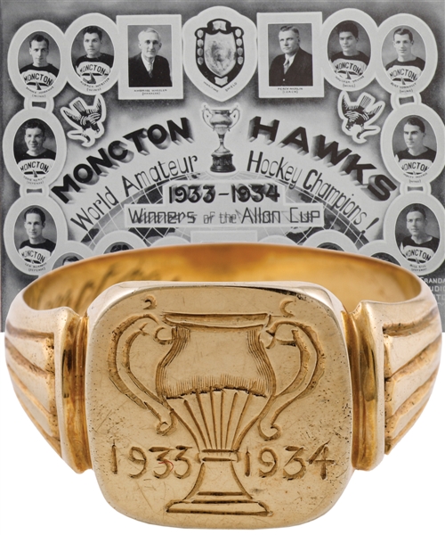 Percy Nicklins 1933-34 Moncton Hawks Allan Cup Championships 10K Gold Ring with Family LOA