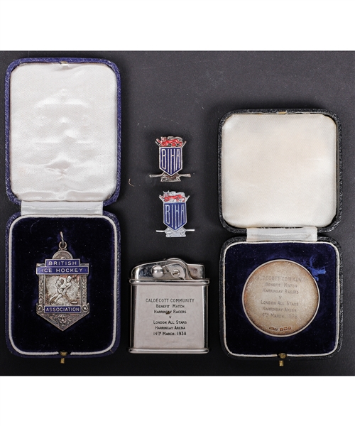 Percy Nicklins B.I.H.A. Harringer Racers Medal, Award and Pin Collection of 7 Including 1936-37 Medal (NL Runners Up) and 1938 Benefit Match vs London All Stars Medal and Lighter with Family LOA