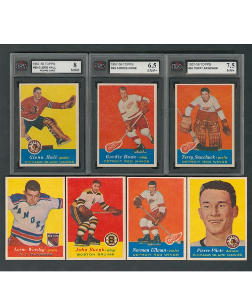 1957-58 Topps Hockey Complete 66-Card Set Including KSA-Graded Cards #20 HOFer Glenn Hall RC (8 NMM), #35 HOFer Terry Sawchuk (7.5 NM+) and #42 HOFer Gordie Howe (6.5 ENM+)