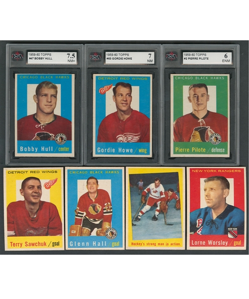 1959-60 Topps Hockey Complete 66-Card Set Including KSA-Graded Cards #47 HOFer Bobby Hull (7.5 NM+), #63 HOFer Gordie Howe (7 NM) and #2 HOFer Pierre Pilote (6 ENM)  