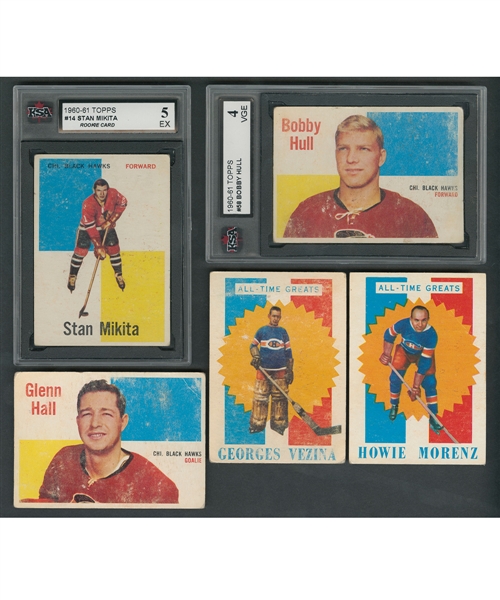 1960-61 Topps Hockey Complete 66-Card Set Including KSA-Graded Cards #14 HOFer Stan Mikita RC (5 EX) and #58 HOFer Bobby Hull (4 VGE)