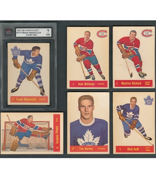 1957-58 Parkhurst Hockey Near Complete Card Set (49/50) Including KSA-Graded Card #17 HOFer Frank Mahovlich RC (7 NM) and #20 Bob Baun RC (4 VGE)