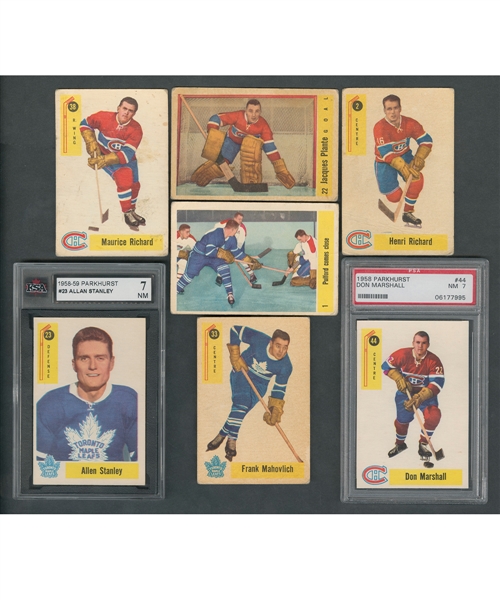 1958-59 Parkhurst Hockey Complete 50-Card Set Including KSA-Graded Card #23 HOFer Allan Stanley (7 NM) and PSA-Graded Card #44 Don Marshall (NM 7)