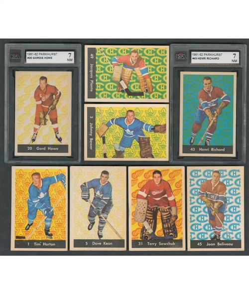 1961-62 Parkhurst Hockey Complete 51-Card Set Including PSA-Graded Card #10 Bob Nevin (6 EX-MT) and KSA-Graded Card #20 HOFer Gordie Howe (7 NM) and #43 HOFer Henri Richard (7 NM)