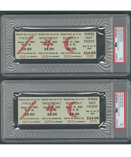 Historic 1969 Woodstock Music Festival Full 3-Day $24.00 Unused Tickets (2) - Both Graded PSA 9