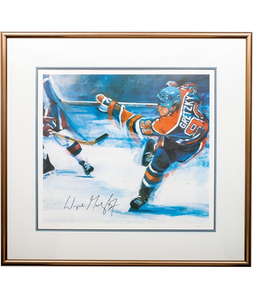 Wayne Gretzky Signed 1985 "Slap Shot" Edmonton Oilers Framed Limited-Edition Lithograph #713/780 by Thomas Needham with COA (29 ½” x 31 ½”)