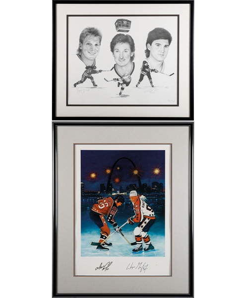 Gretzky/Lemieux Dual-Signed "1988 NHL All-Star Game" LE Framed Lithograph #392/500 and Gretzky/Lemieux/Hull Triple-Signed "50 Goals in Under 50 Games" LE Framed Lithograph #15/1000