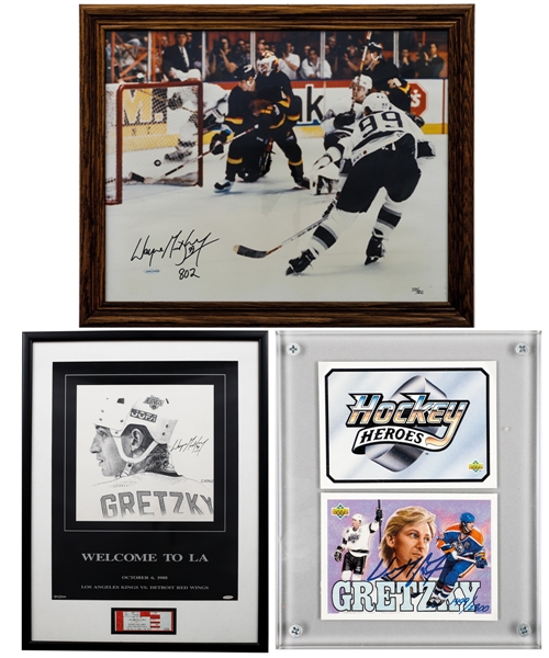 Wayne Gretzky Signed "Welcome to LA" Framed Limited-Edition Lithograph, "802 Goals" Signed Limited-Edition Photo and Signed 1992-93 Upper Deck "Hockey Heroes" Limited-Edition Card - All with UDA COAs