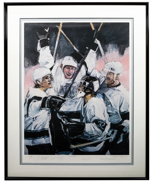 Wayne Gretzky, Luc Robitaille, Kelly Hrudey and Dave Taylor Signed Los Angeles Kings "Celebration" Framed Limited-Edition Stephen Holland Lithograph #123/150 (33" x 41")