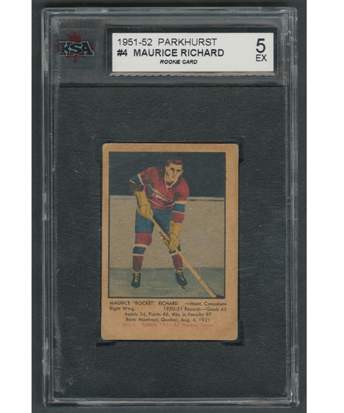 1951-52 Parkhurst Hockey Card #4 HOFer Maurice Richard RC - Graded KSA 5