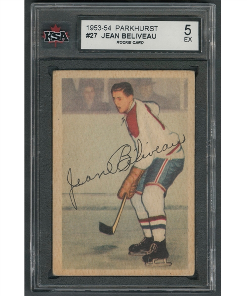 1953-54 Parkhurst Hockey Card #27 HOFer Jean Beliveau RC - Graded KSA 5
