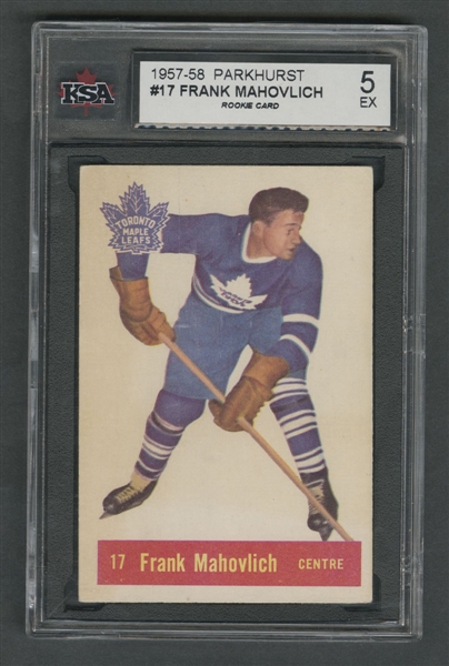 1957-58 Parkhurst Hockey Card #17 HOFer Frank Mahovlich RC - Graded KSA 5