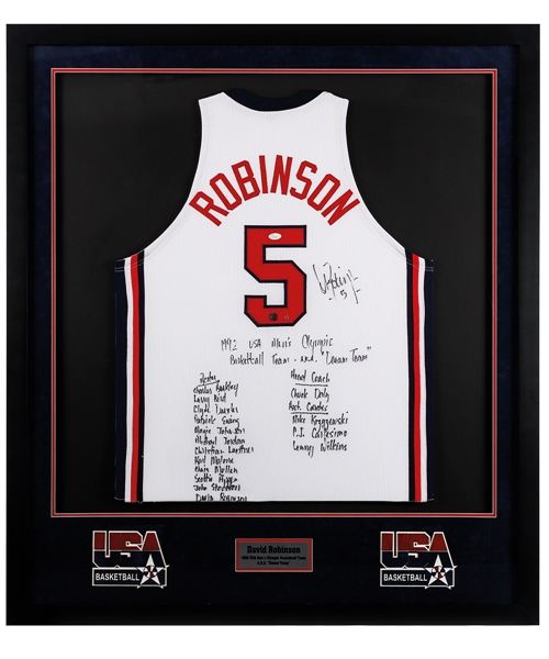 David Robinson Signed 1992 Team USA Dream Team Limited-Edition Framed Jersey Display #1/1 - Full Team Inscription - JSA Authenticated (42" x 47")