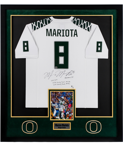 Marcus Mariota Signed Oregon Ducks Limited-Edition Framed Jersey Display #8/8 with Heisman Trophy Annotation and Stats Annotations (42" x 47")