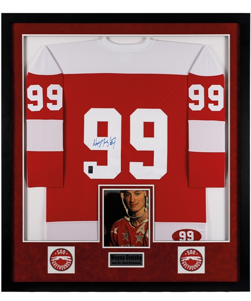 Wayne Gretzky Signed Sault Ste. Marie (Soo) Greyhounds Jersey Framed Display with WGA COA (42” x 47”)