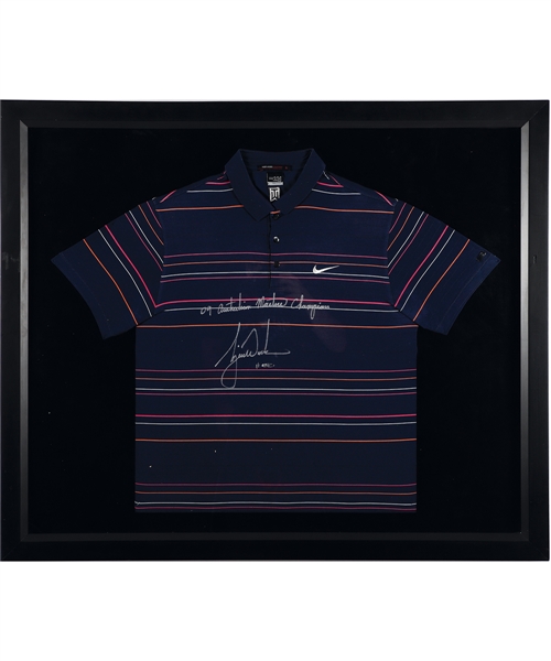 Tiger Woods Signed 2009 Australian Masters Tournament-Worn Nike Polo Limited-Edition Framed Display #1/1 with UDA COA (35” x 41 ½”) 