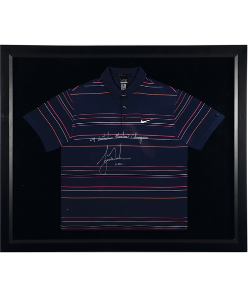 Tiger Woods Signed 2009 Australian Masters Tournament-Worn Nike Polo Limited-Edition Framed Display #1/1 with UDA COA (35” x 41 ½”) 