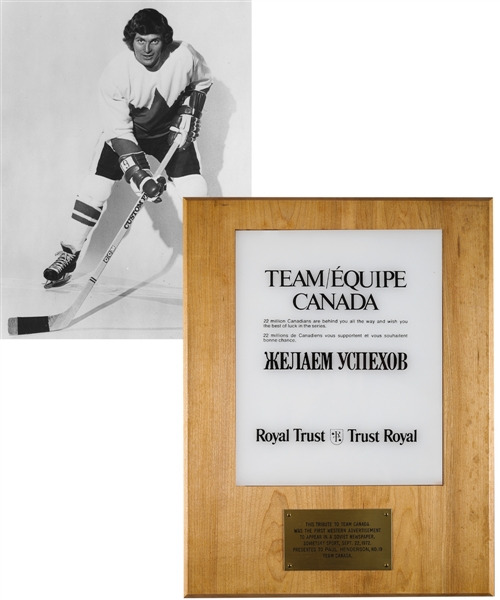 Paul Hendersons 1972 Canada-Russia Series Royal Trust Team Canada Tribute Plaque with His Signed LOA
