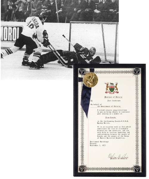 Paul Hendersons 1972 Canada-Russia Series Presentational Certificate from Premier of Ontario with His Signed LOA 