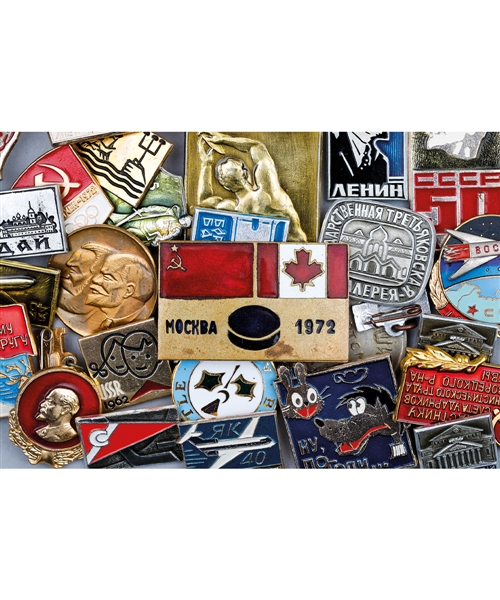 Paul Hendersons Vintage Russian Pin Collection of 100+ Including Scarce 1972 Canada-Russia Pin Gifted to Players with His Signed LOA 