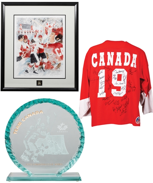 Paul Hendersons 1972 Canada-Russia Series 25th Anniversary Team Canada Team-Signed Jersey, Henderson Signed "Goal of the Century" Framed Lithograph, Trophy and Other Items with His Signed LOA