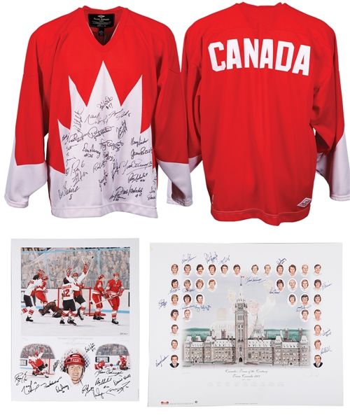 Paul Hendersons 1972 Canada-Russia Series 30th Anniversary Team-Signed Jersey Plus Two 1972 Team Canada Team-Signed Lithographs with His Signed LOA