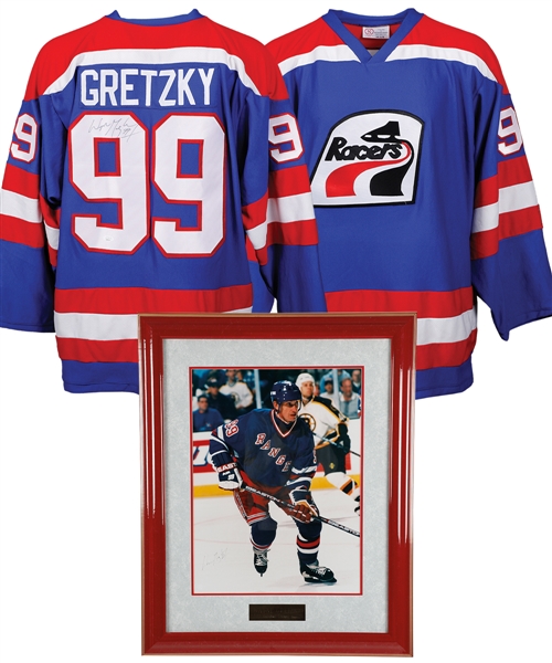 Wayne Gretzky Signed Indianapolis Racers Jersey and Signed New York Rangers Framed Photo (24" x 30") with JSA LOAs