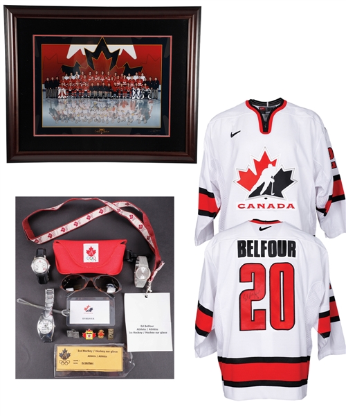 Ed Belfours 2002 Winter Olympics Memorabilia Collection Including Official Team Canada Framed Team Photo (31 ½” x 38 ½”) with His Signed LOA