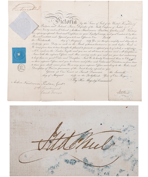 Lord Stanley and Queen Victoria Dual-Signed 1879 Military Commission Document