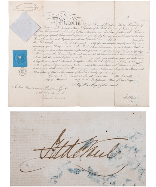Lord Stanley and Queen Victoria Dual-Signed 1879 Military Commission Document