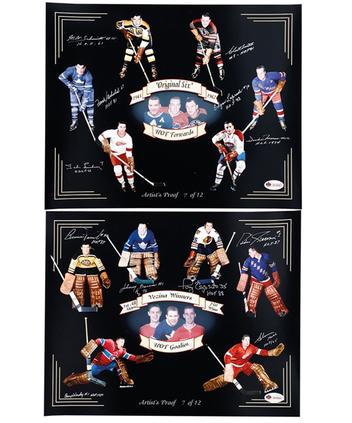 "Vezina Winners HOF Goalies" and "Original Six HOF Forwards" Multi-Signed Artist Proof Limited-Edition Photos #7/12 with LOAs