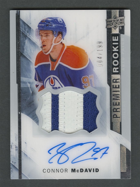 2015-16 Upper Deck Premier Rookie Hockey Card #115 Connor McDavid Autograph Rookie Patch #004/199