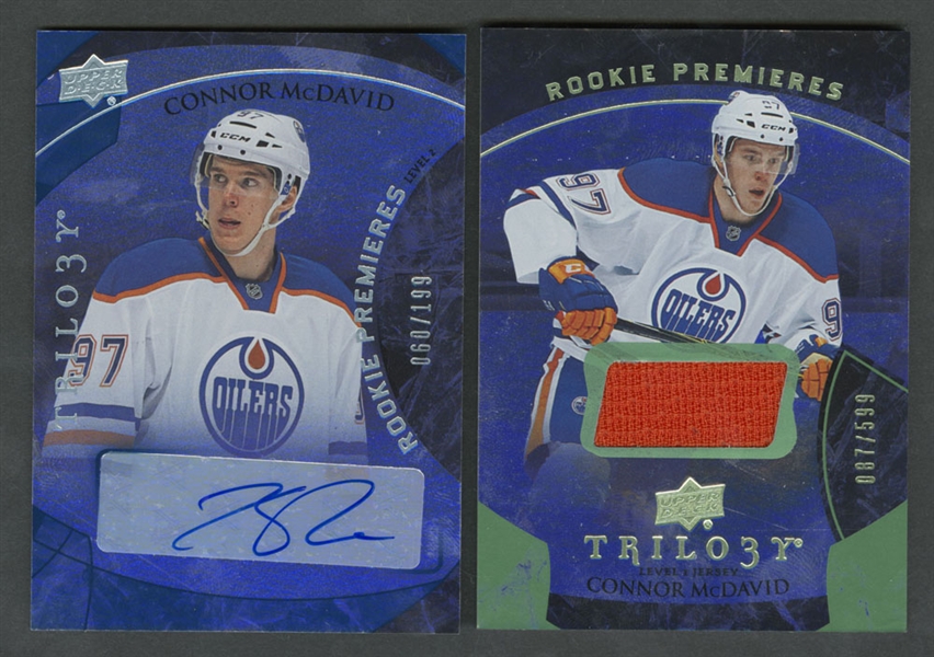2015-16 Upper Deck Trilogy Rookie Premieres Hockey Card #134 Connor McDavid Autograph #060/199 and #101 Connor McDavid Jersey #087/599