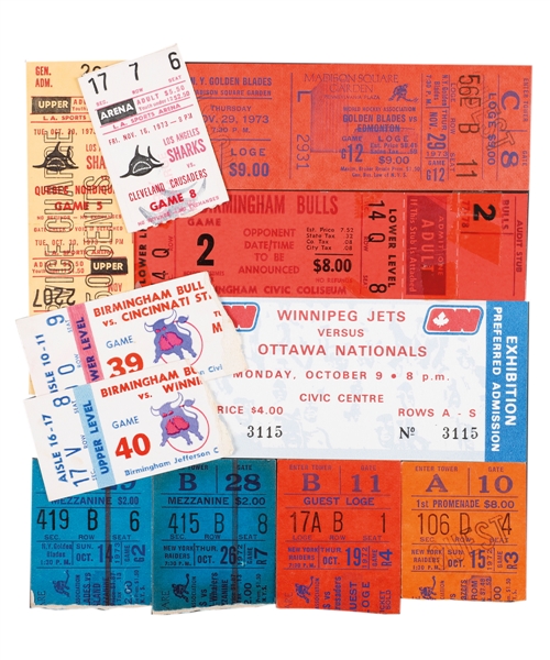 World Hockey Association WHA 1972-73 to 1978-79 Hockey Ticket Collection of 181 Including Ottawa Nationals, NY Golden Blades, NY Raiders, Indianapolis Racers and Other Teams