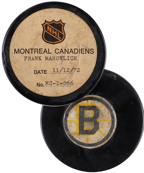 Frank Mahovlichs Montreal Canadiens 1972-73 Goal Puck from the NHL Goal Puck Program