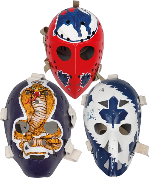 Mike Palmateer (Maple Leafs/Signed), Rogatien Vachon (LA Kings) and Gilles Gratton (WHA Toros/Vintage Fibrosport Mask) Don Scott Goalie Masks