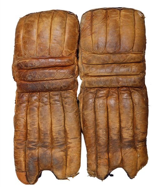 Vintage 1930s Pro-Style Leather Goalie Pads with Felt Backing That Originated from Maple Leafs Gardens