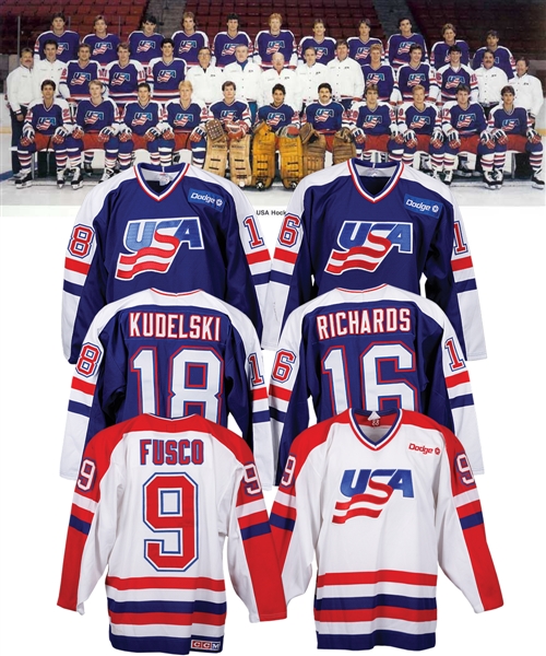 Team USA 1988 Olympics Pre-Tournament Game-Worn Jerseys (3) of Fusco, Kudelski and Richards