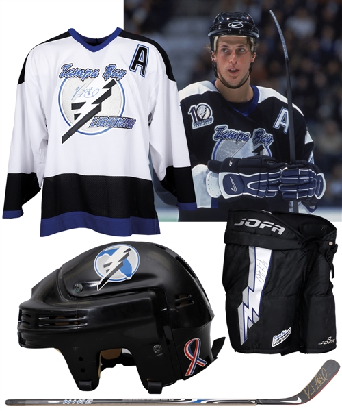 Vincent Lecavaliers 2001-02 Tampa Bay Lighting Signed Nike Game-Worn Helmet and Jofa Game-Worn Pants Plus Signed Jersey and Stick