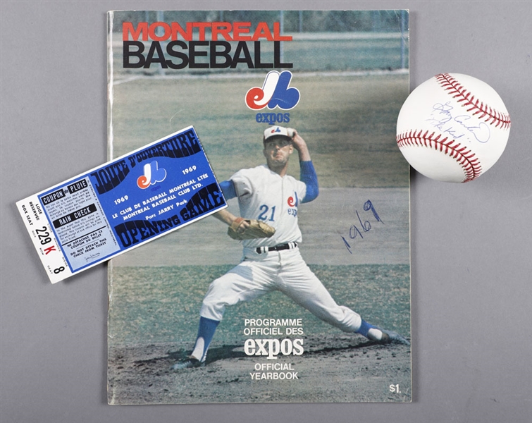 Montreal Royals 1942-57 Programs (5), 1969 Montreal Expos Yearbook and First Home Game Ticket Stub, 1969-2004 Expos Schedules and Gary Carter Signed baseball