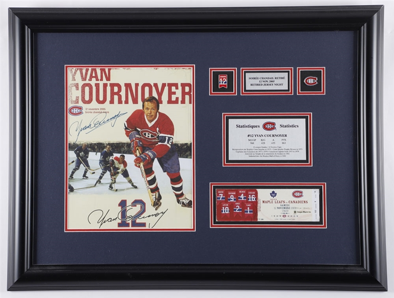 Dickie Moore and Yvan Cournoyer 2005 Jersey Retirement Night Signed Framed Montages (2), Montreal Canadiens Retired Numbers Frame and 1995-96 Forum Tickets Laminated Poster