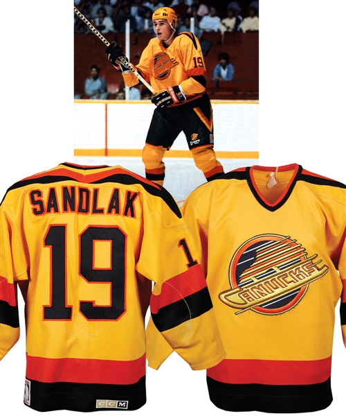 Jim Sandlaks 1986-87 Vancouver Canucks Game-Worn Jersey - Team Repairs! - Rick Hansen Patch!