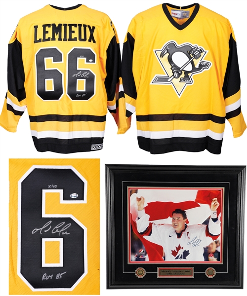 Mario Lemieux Pittsburgh Penguins "1985 Rookie of the Year" Signed LE Jersey with "ROY 1985" Annotation #30/85 (Reich COA) and Signed 2002 Winter Olympics Team Canada Framed Photo (WGA COA)