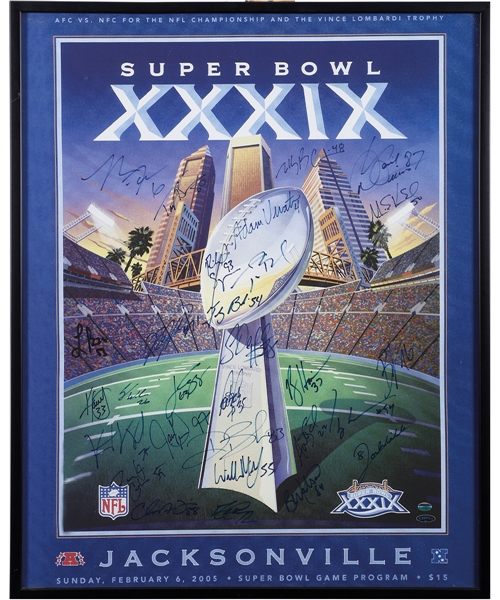New England Patriots 2004 Super Bowl XXXIX Champions Team-Signed Framed Poster Including Tom Brady with JSA LOA (25" x 31")