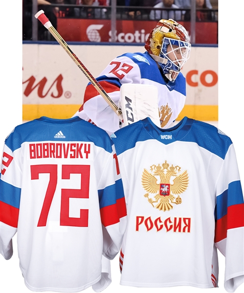 Sergei Bobrovskys 2016 World Cup of Hockey Team Russia Game-Worn Jersey - Photo-Matched!