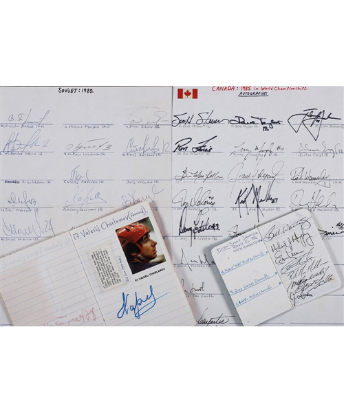 Huge 1970s/1980s International Hockey Autograph Collection Including Numerous Team-Signed Sheets/Booklets Featuring Kharlamov and Gretzky