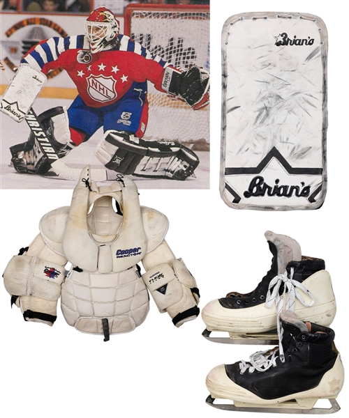 Ed Belfours Chicago Black Hawks Rookie-Era Game-Used Skates, 1991-92 Brians Game-Used Photo-Matched Blocker and Mid-1990s Cooper Reactor Chest Protector with His Signed LOA